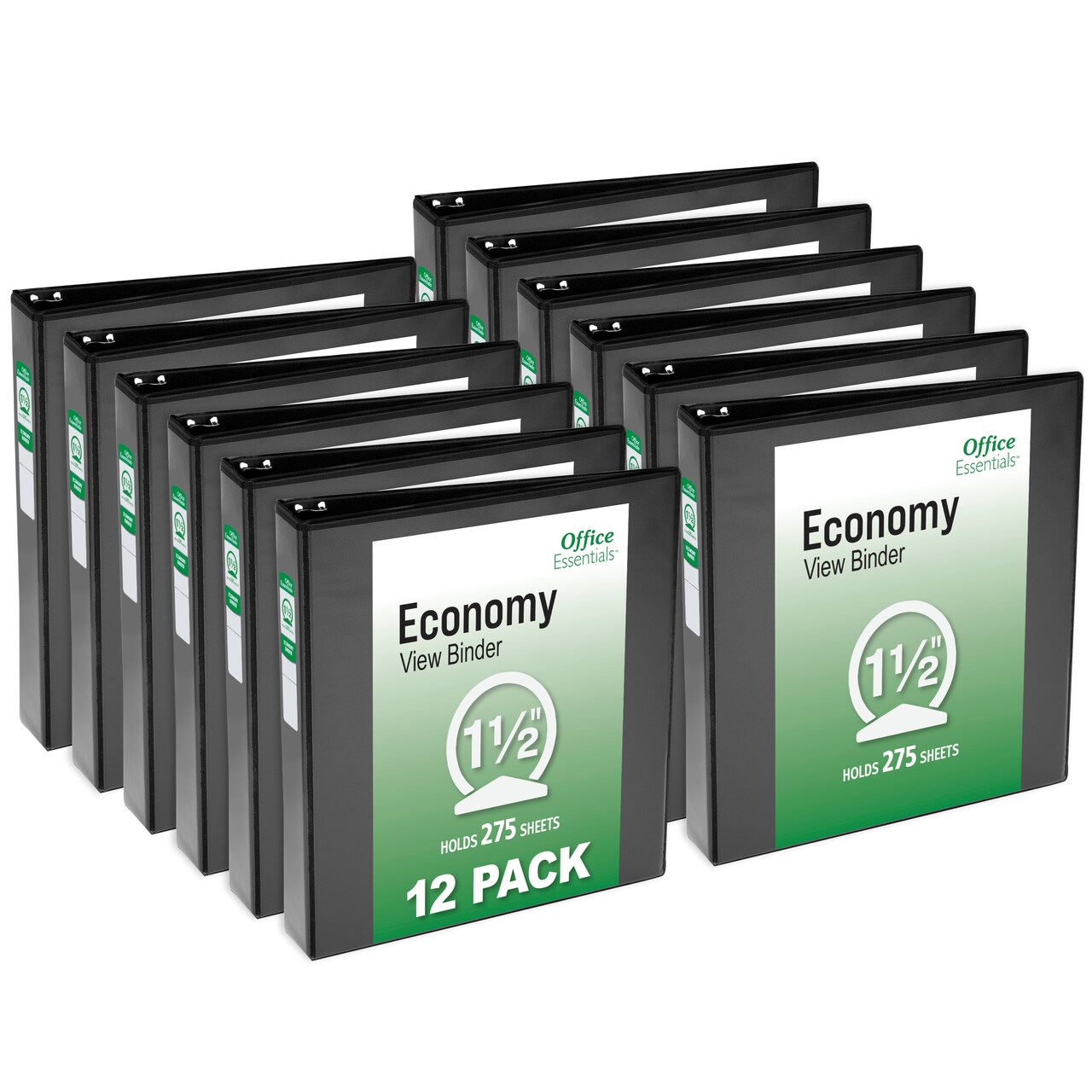 Office Essentials Economy View 3 Ring Binders, 1.5" Round Rings, 2.1" Spine, 275-Sheet Capacity, Black Binders (12-Pack of 03427)